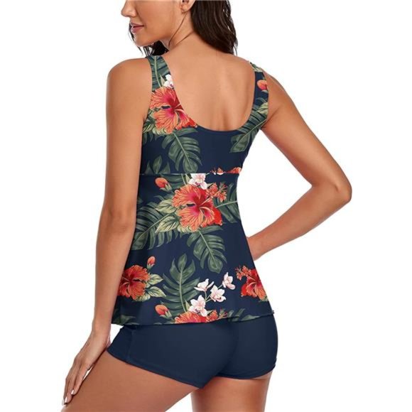Modest Tankini Swimsuits for Women Two Piece Bathing Suits Floral Print Tank Top - Picture 2 of 4